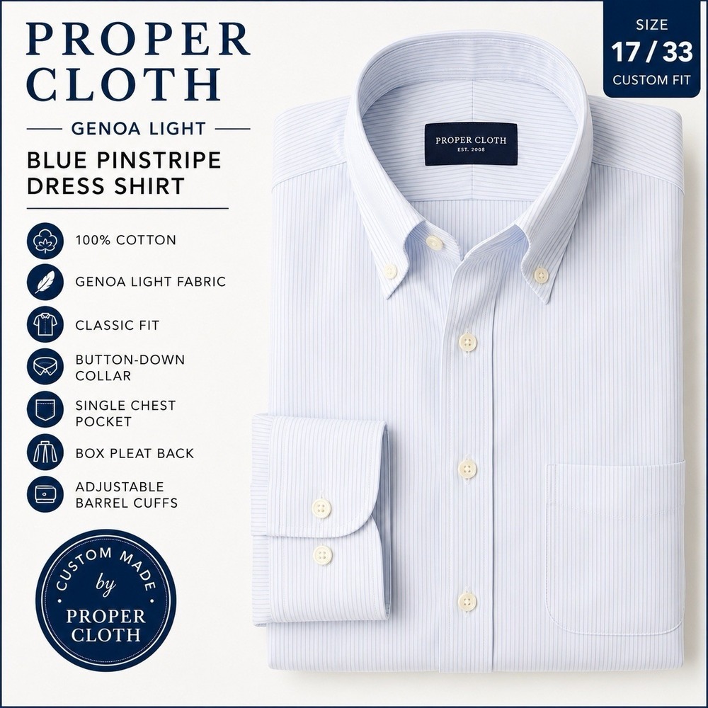 Proper Cloth Genoa Light Blue Pinstripe Dress Shirt Mens 17 33 100% Cotton Read